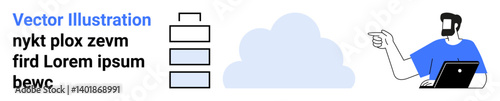 Person in blue shirt pointing at cloud symbol and file stacks while holding a laptop. Ideal for technology, cloud computing, file management, presentations, education, teamwork, flat landing page