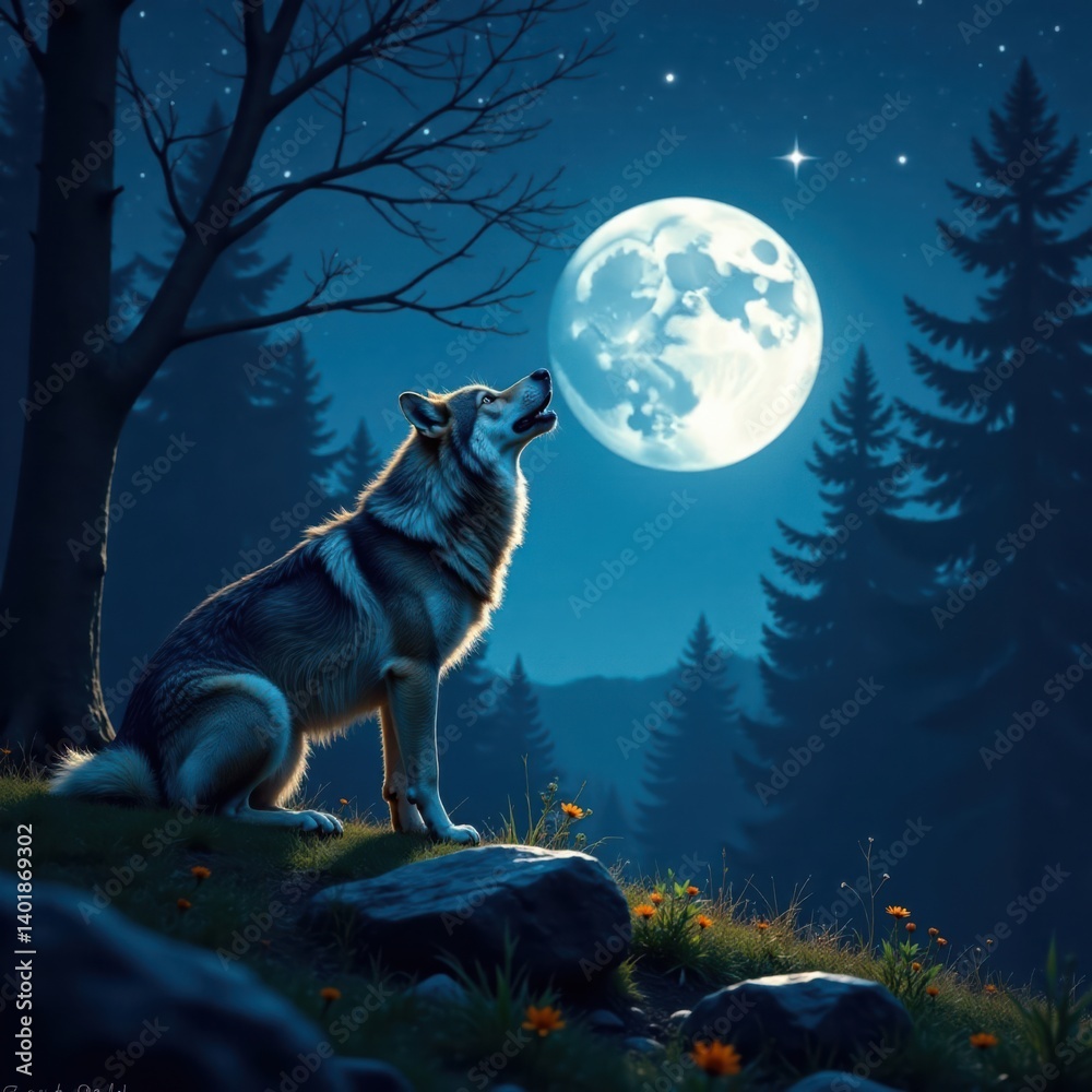 Full moonlit forest with a large gray wolf howling loudly under the stars, wilderness, full moon Full moonlit forest with a large gray wolf howling loudly under the stars, wilderness, full moon