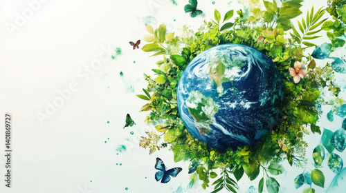 Vibrant Earth Day Banner Featuring a Globe Enveloped in Lush Greenery and Diverse Wildlife, Symbolizing Eco Harmony and Sustainable Living