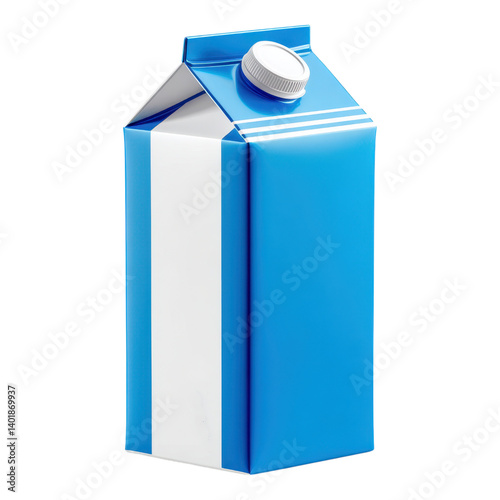 3D cartoon plastic milk carton with blue and white design, clean and minimal style on transparent background.