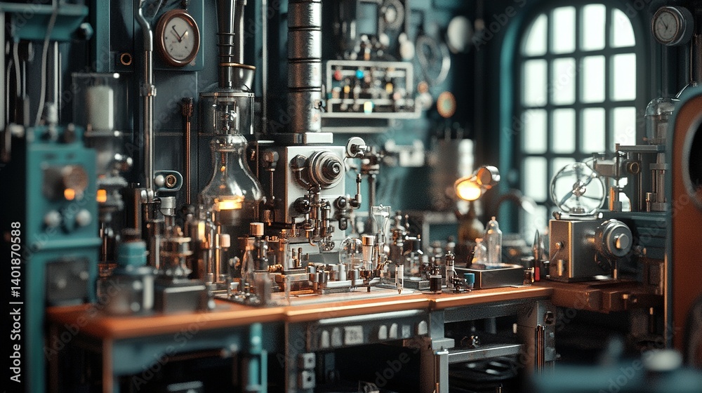 A detailed steampunk laboratory filled with intricate machinery and glassware. A detailed steampunk laboratory filled with intricate machinery and glassware.