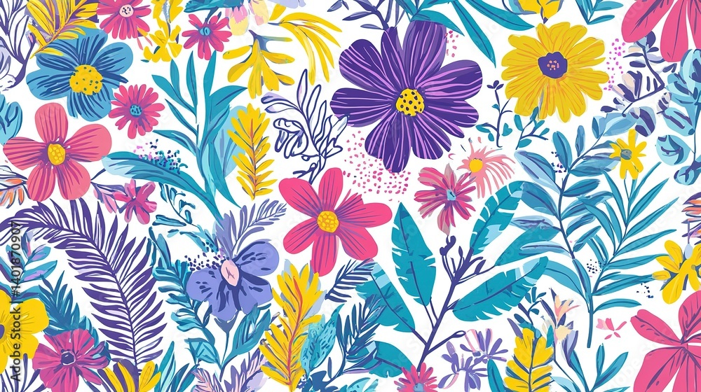 Seamless nature-themed pattern with vivid plant and floral elements. solated on a white background Seamless nature-themed pattern with vivid plant and floral elements. solated on a white background