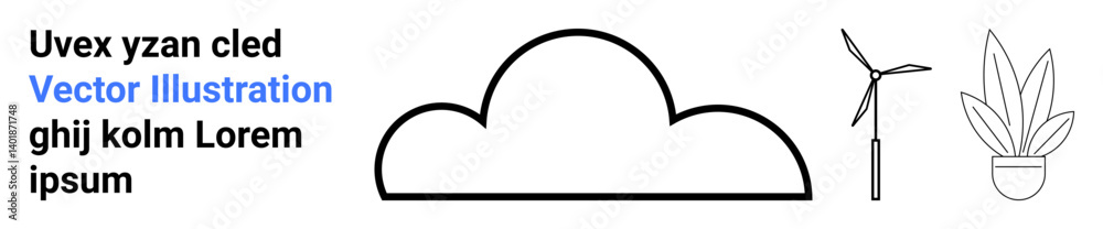 Cloud outline, wind turbine, and potted plant in a clean design. Ideal for sustainability, environment, green energy, minimalism, eco-friendly themes, future tech flat landing page banner Cloud outline, wind turbine, and potted plant in a clean design. Ideal for sustainability, environment, green energy, minimalism, eco-friendly themes, future tech flat landing page banner