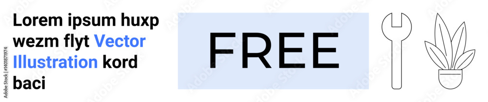 Obraz premium Bold FREE text in focus framed by simple wrench, potted plant. Ideal for marketing, promotions, advertising, repairs, DIY, environmental branding, flat landing page banner