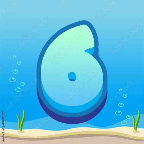Number 6 Illustration with Gradient Blue Background, Bubbles, and Ocean Floor Details Featuring Sand and Seaweed