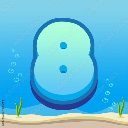 Number 8 Illustration with Gradient Blue Background, Bubbles, and Ocean Floor Details Featuring Sand and Seaweed