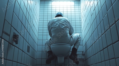 Plumber fixing a clogged toilet in a bathroom. Featuring technical skill and precision