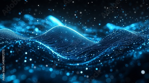 Blue digital wave flowing, dark background, particle effect, tech presentation