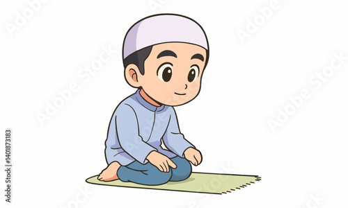 cute boy muslim praying cartoon illustration