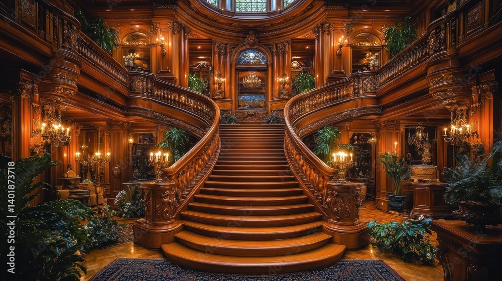 Obraz premium Grand Wooden Staircase in a Luxurious Mansion
