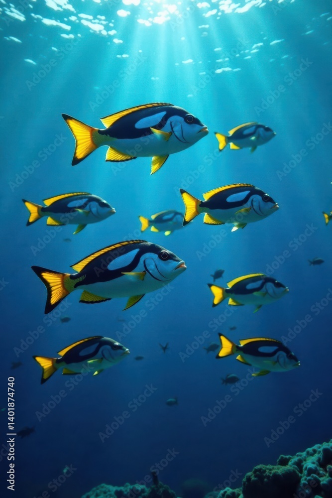 Obraz premium School of fish swimming together in ocean blue background, seafood market, school