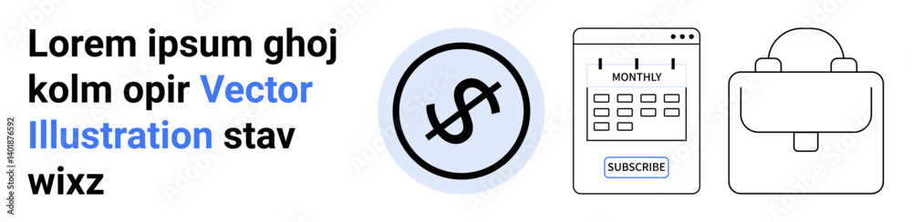 Dollar sign inside circle, calendar displaying subscription date, simple backpack icon. Ideal for finance, subscriptions, organization, budgeting, business, time management simple landing page Dollar sign inside circle, calendar displaying subscription date, simple backpack icon. Ideal for finance, subscriptions, organization, budgeting, business, time management simple landing page