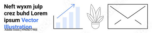 Free Download Bar chart with upward trend line, potted plant, and envelope outline. Ideal for business growth, email marketing, communication, finance, analytics, productivity flat landing page banner - GFXLoad