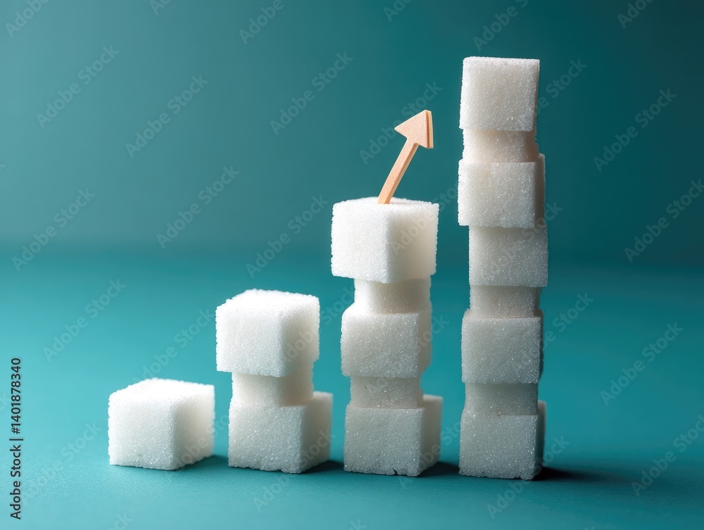 Sugar Consumption Increase Visualized. Stacked sugar cubes form a rising graph, highlighting the increasing amount of sugar consumed. A wooden arrow points upward, symbolizing an upward trend Sugar Consumption Increase Visualized. Stacked sugar cubes form a rising graph, highlighting the increasing amount of sugar consumed. A wooden arrow points upward, symbolizing an upward trend