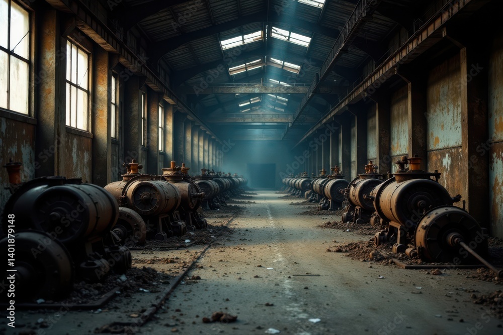 Rusty industrial equipment in a dimly lit, abandoned warehouse, warehouse, rusty Rusty industrial equipment in a dimly lit, abandoned warehouse, warehouse, rusty