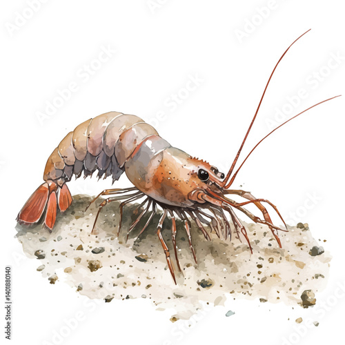 Shrimp Scuttling Along The Ocean Floor, watercolor vector, isolated on a white background.