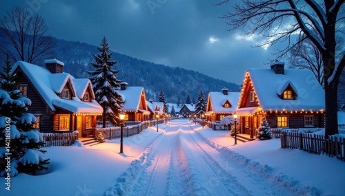 Wallpaper Mural Snow-covered village scene with decorated houses and festive lights , christmas lights, village, holly Torontodigital.ca