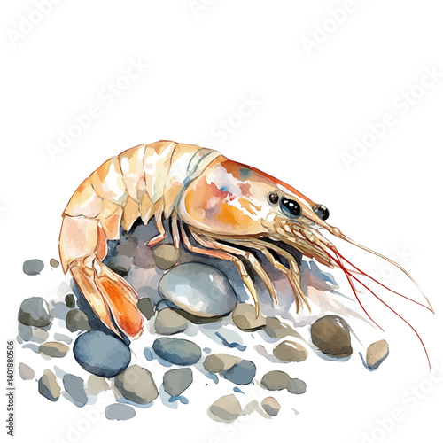 illustration of Shrimp Scuttling Along The Ocean Floor, watercolor vector, isolated on a white background.