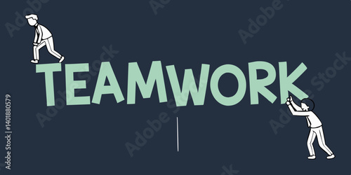 Bright blue  TEAMWORK on dark  navy blue background brilliantly backlit with light rays shining through .vector ,illustration
