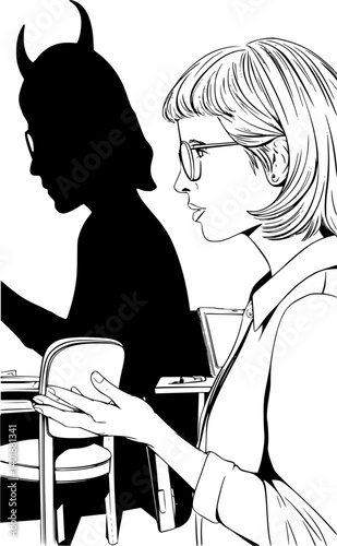 Two-Faced Woman Vector Art - Corporate Hypocrisy Vector -Devil Horns Shadow Hypocrisy Illustration for Psychology & Social Issues
