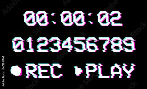 Glitch number, rec, play text, Retro record effect, Abstract noise distortion with glitch lines