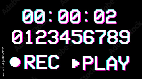 Pixel number, rec, play text, Retro record effect, Camera viewfinder rec 