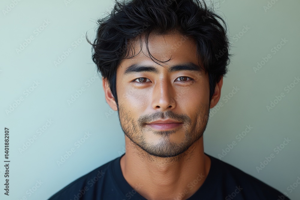 Fototapeta premium Handsome Asian man portrait; dark hair, stubble, calm look against pale wall