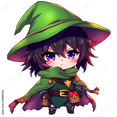 chibi anime wizard boy in Isekai style with green hat and tattered cloak