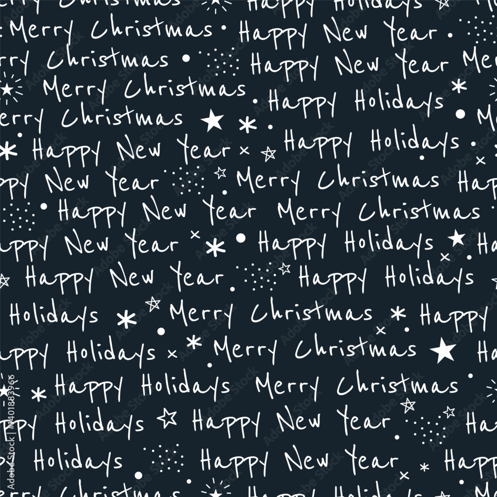 Christmas Text Vector Pattern. Seamless Background. Endless Texture with Handwritten Text. Words: Merry Christmas, Happy New Year, Happy Holidays. White Words on Black Background. Vector