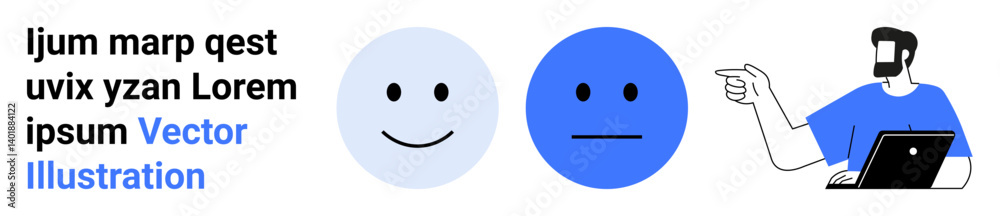 Fototapeta premium Two emotive faces, smiling and neutral, alongside a character pointing while using a laptop. Ideal for workplace communication, feedback, mood analysis, decision-making, teamwork, strategy flat