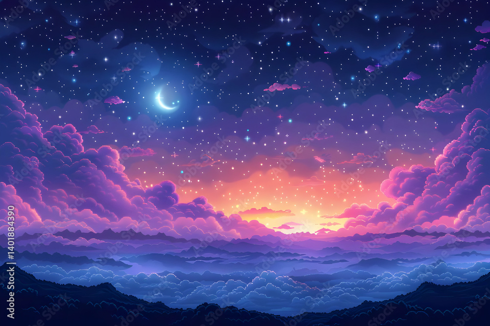 Naklejka premium Pixel Art Night Sky Landscape with Crescent Moon Stars and Colorful Clouds in Purple Blue and Pink Hues