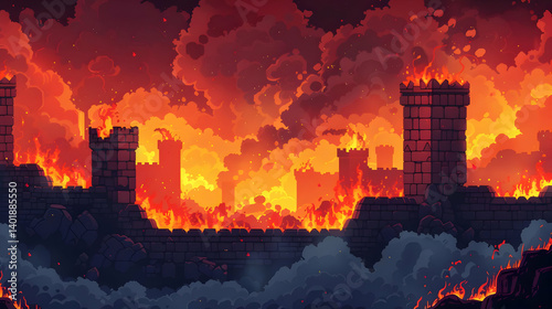 Pixel Art Ruined Castle Burning in Fire and Smoke in Dark Orange Landscape Background