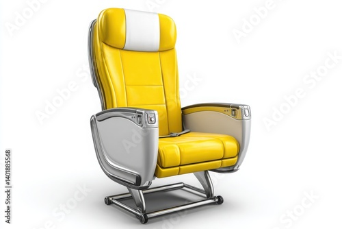 Airplane Seat, 3D Render. Yellow Leather, Silver Trim. First Class Concept, Isolated on White Background.