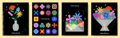 Collection of spring flower poster. 8 March, womens day, mother's day holiday cards set. Bright colorful botanical background, pattern. Modern graphic design elements. Flat style vector illustration.