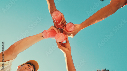 Hands, drinks and toast with friends, low angle and blue sky with celebration, cheers or event in summer. People, bottle and soda with party, solidarity and vacation with success, achievement or goal