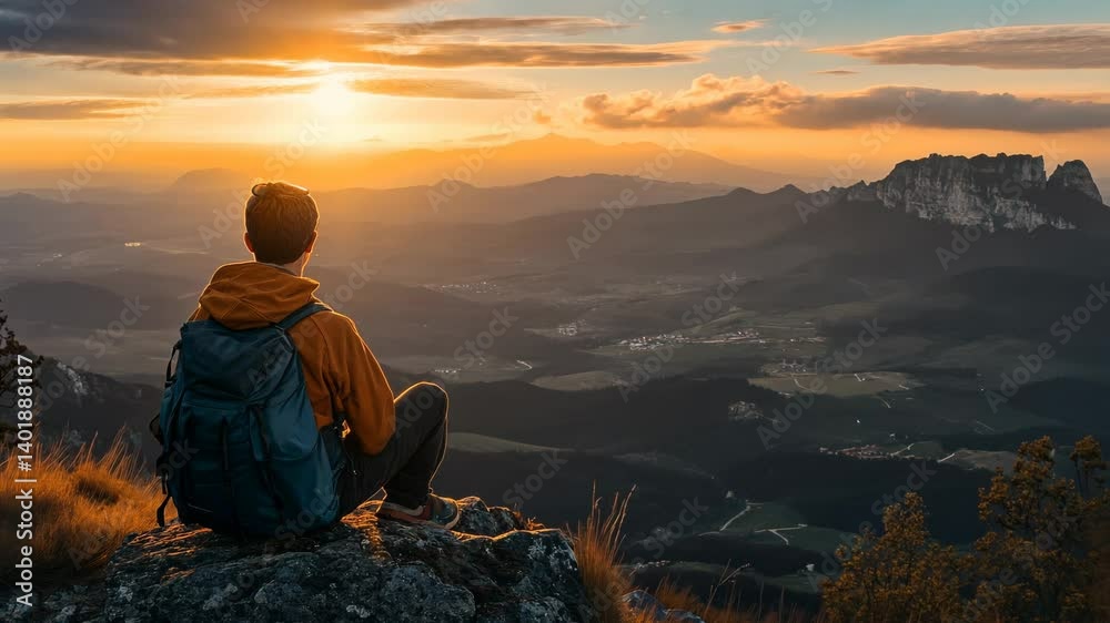 Hiker contemplates sunset vista from mountain peak Hiker contemplates sunset vista from mountain peak