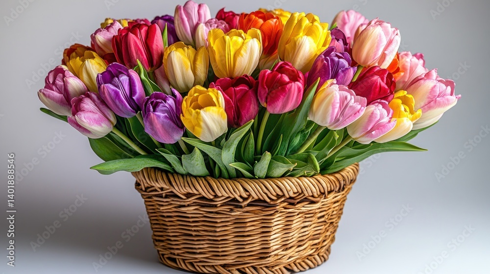 Obraz premium Colorful tulips in a woven basket. A vibrant bouquet of various tulip colors, including red, yellow, pink, and purple, are artfully arranged in a shallow, light brown wicker basket