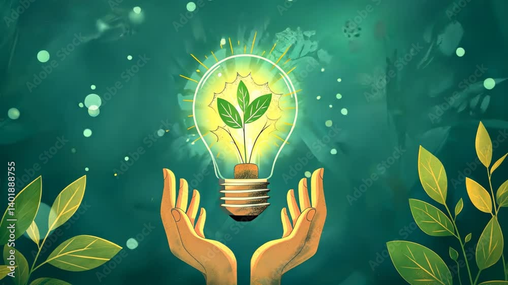 Hands holding a light bulb with growing plant inside Alternative sources renewable. Conceptual illustration of sustainable energy and environmental protection for poster, banner, and eco-themed design
