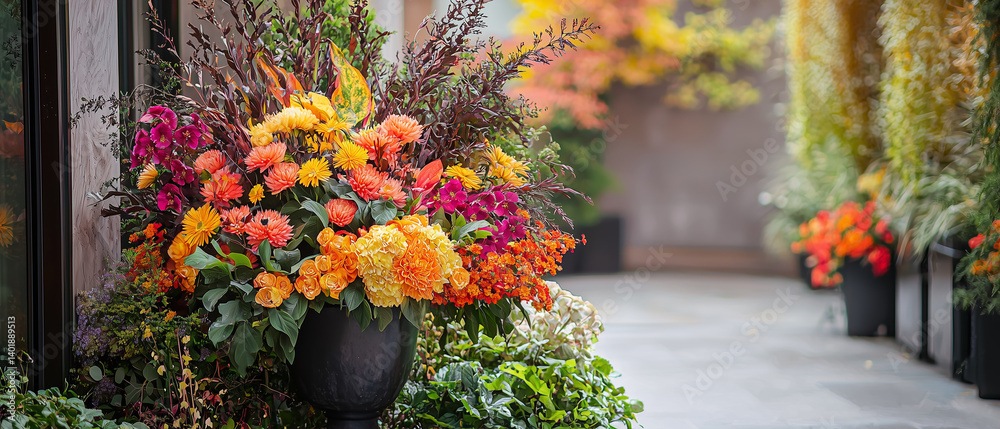 A mix of flowers and fall foliage, showcasing warm autumn hues A mix of flowers and fall foliage, showcasing warm autumn hues