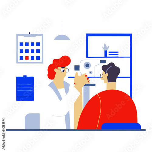Illustration of doctor examining patients eyes with ophthalmic equipment for vision test