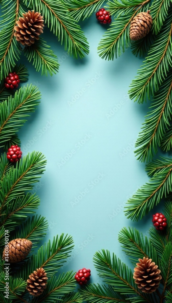 Lush fir branches intertwined with pine cones in a festive holiday border, christmas, evergreen, fir