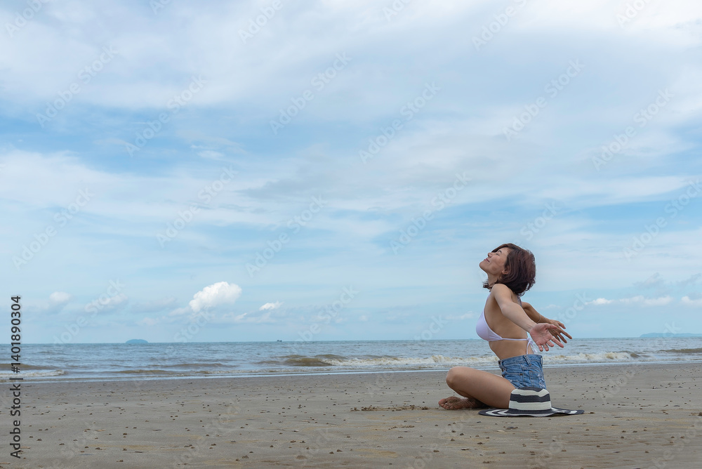 Asia happy Summer vacations Lifestyle woman relax and chill on beach background and Lifestyle and Travel Concept. Asia happy Summer vacations Lifestyle woman relax and chill on beach background and Lifestyle and Travel Concept.