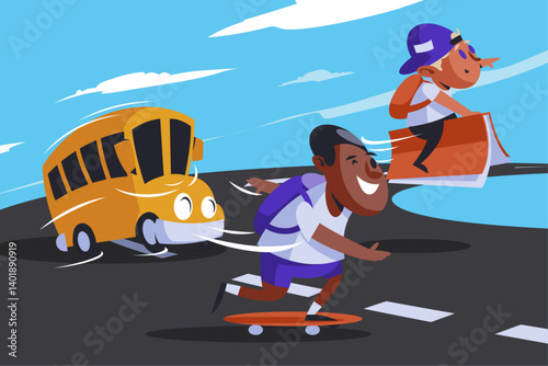 Kids Heading to School in Fun and Creative Ways – Cartoon Back to School Illustration