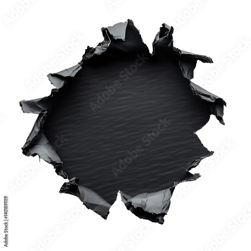 Torn paper with a hole revealing a black, cracked shape through the ripped design