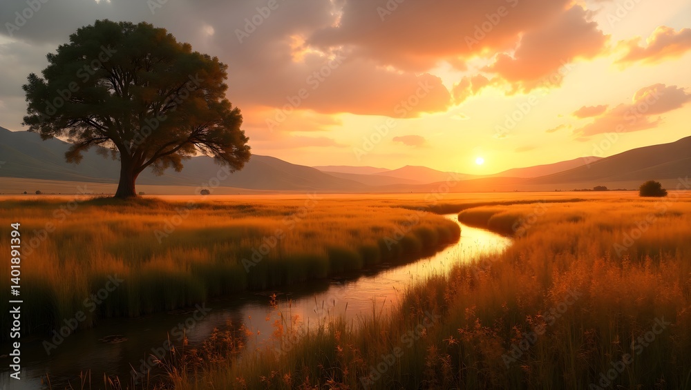 Fototapeta premium Beautiful nature landscape sunset river tree field mountains scenic view golden hour calm peaceful serenity 100