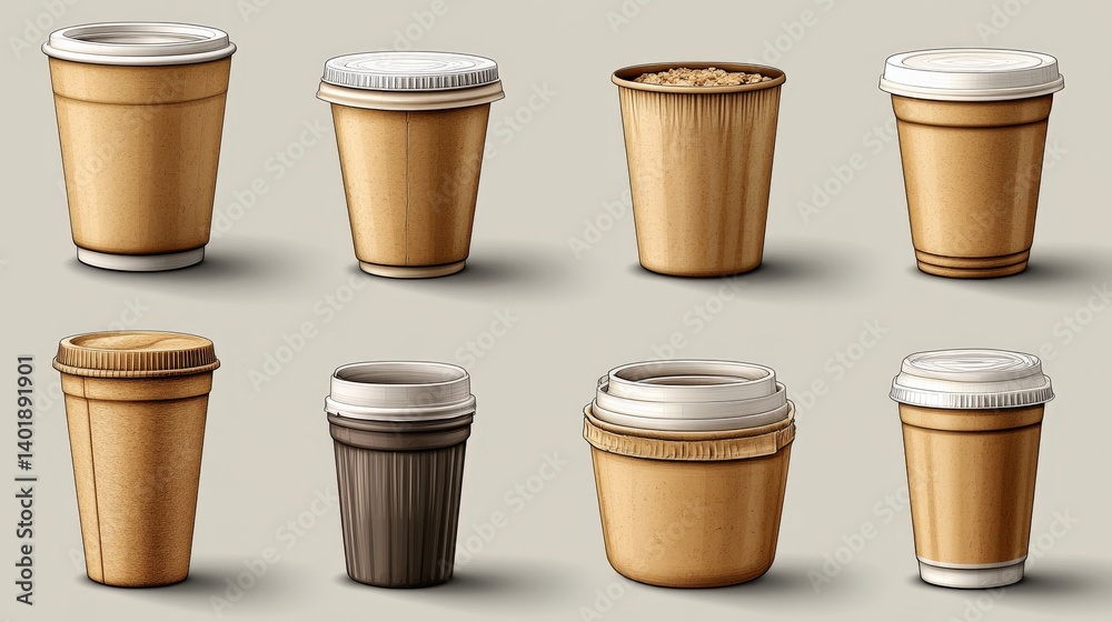 Various coffee cups displayed in a neat arrangement on a neutral background, ideal for beverage marketing Various coffee cups displayed in a neat arrangement on a neutral background, ideal for beverage marketing