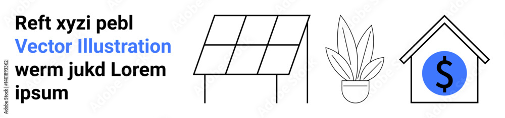 Solar panel generating energy, house with dollar symbol indicating cost savings, and potted plant reflecting sustainability. Ideal for renewable energy, eco-friendly living, cost-efficiency, home Solar panel generating energy, house with dollar symbol indicating cost savings, and potted plant reflecting sustainability. Ideal for renewable energy, eco-friendly living, cost-efficiency, home