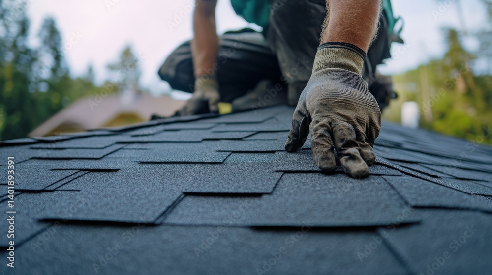 Roofing worker installing shingles on a roof. Featuring technique and safety Roofing worker installing shingles on a roof. Featuring technique and safety