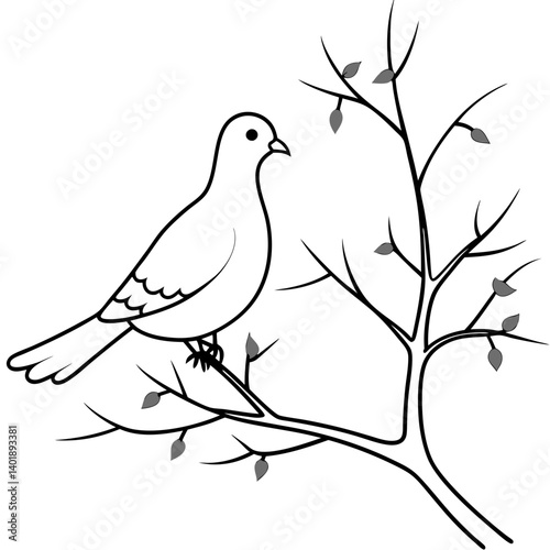  A photorealistic depiction of a white dove perched on a snow-covered plum tree branch