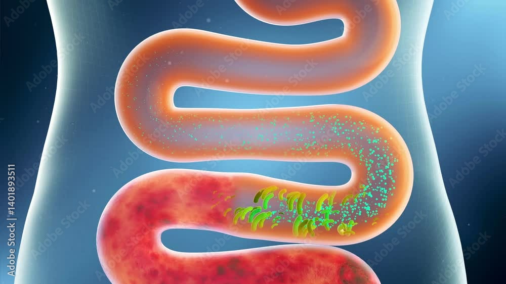 Probiotics clean up stool, promote intestinal peristalsis, activate intestinal motility, and remove toxins. Intestinal and digestive system health concept, 3D animation.